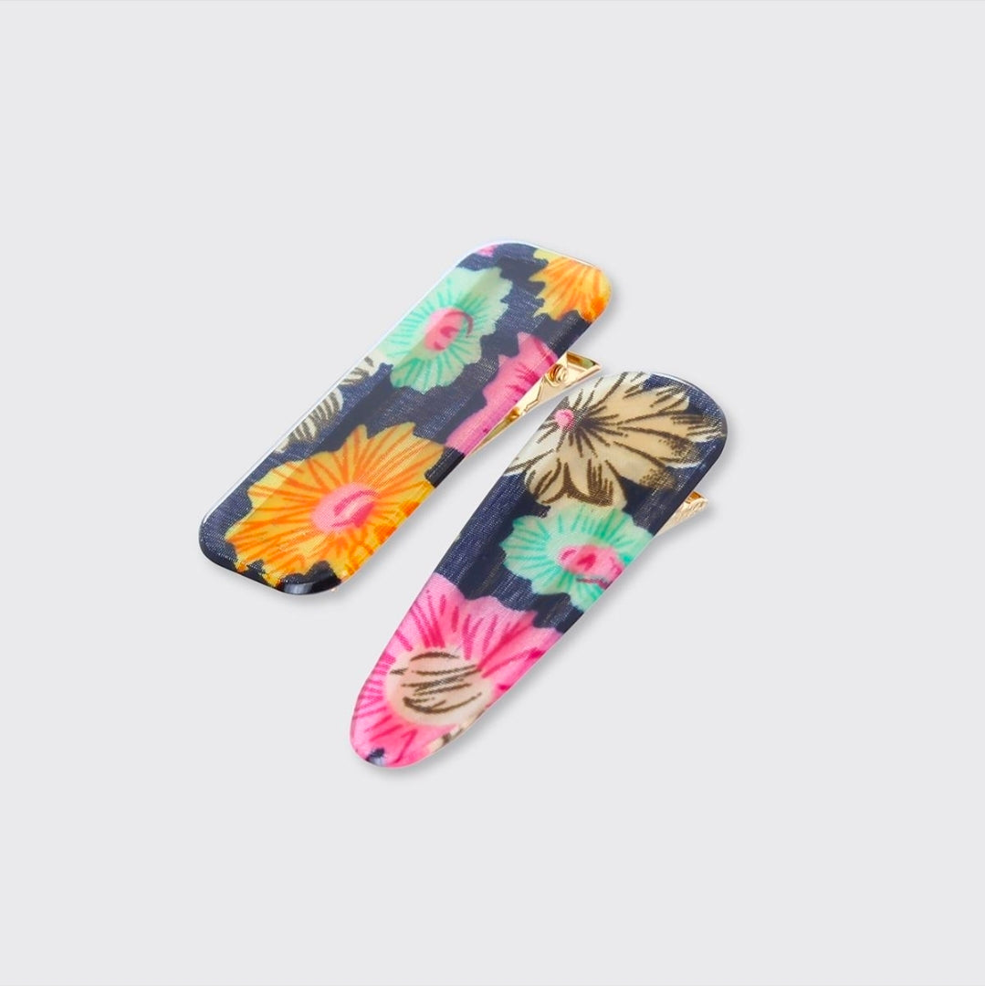 Floral Pansy Set of 2 Hair Clips - Black