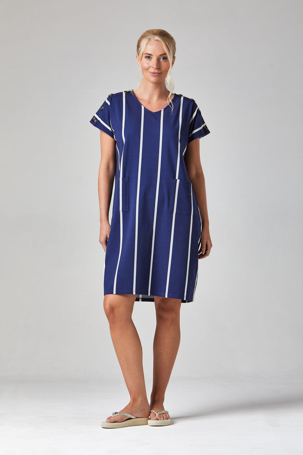 Alice Collins Button Shoulder Dress-Dress-8-Navy/White-