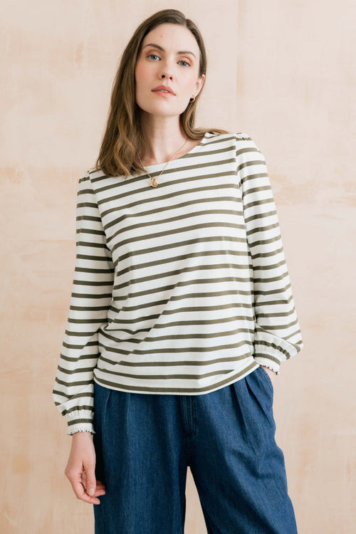 Lily and Me Caroline Striped Organic Cotton Jersey Top Olive/Ecru