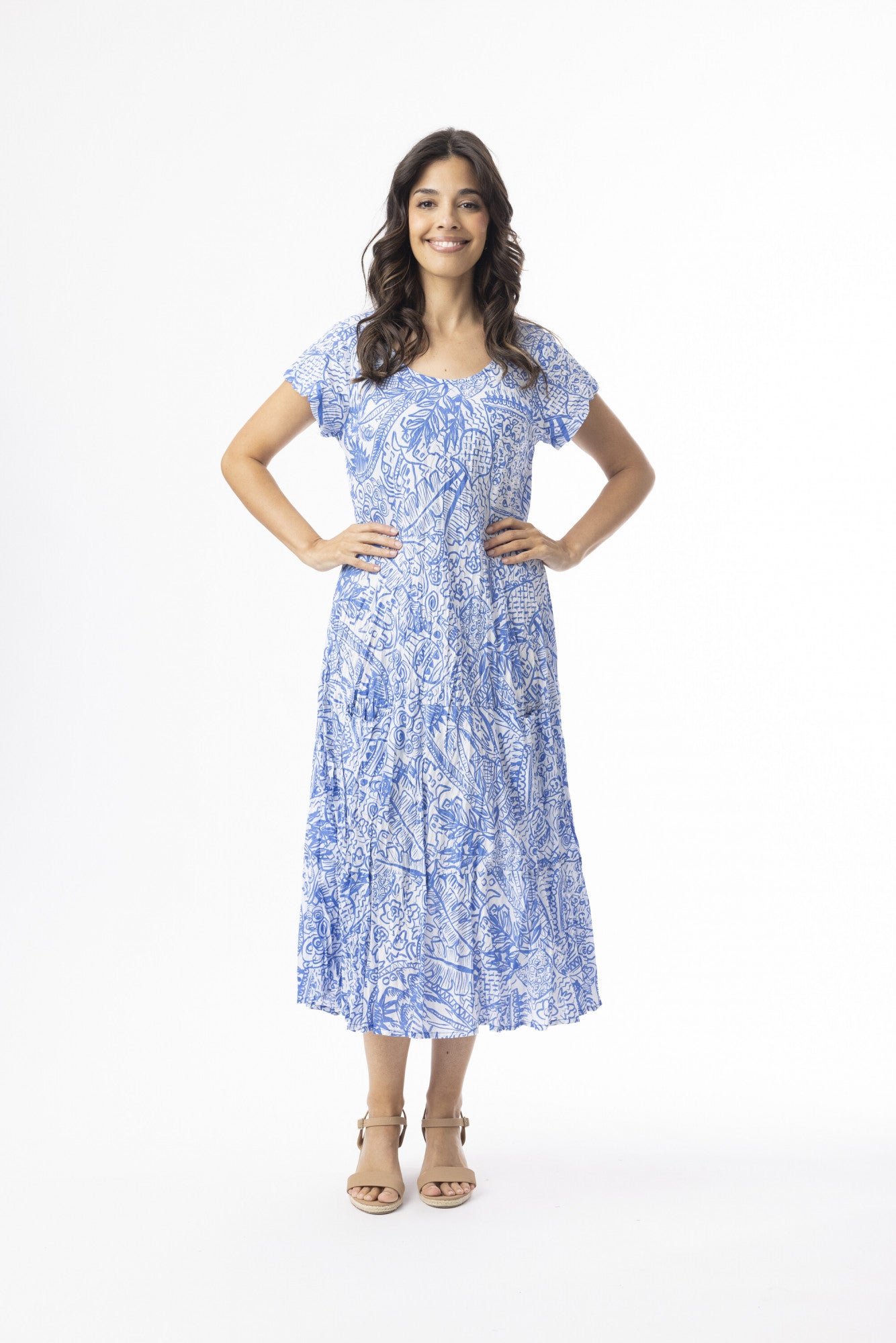 Orientique Aksharay Blue Dress Bias Pockets-Orientique-White finn