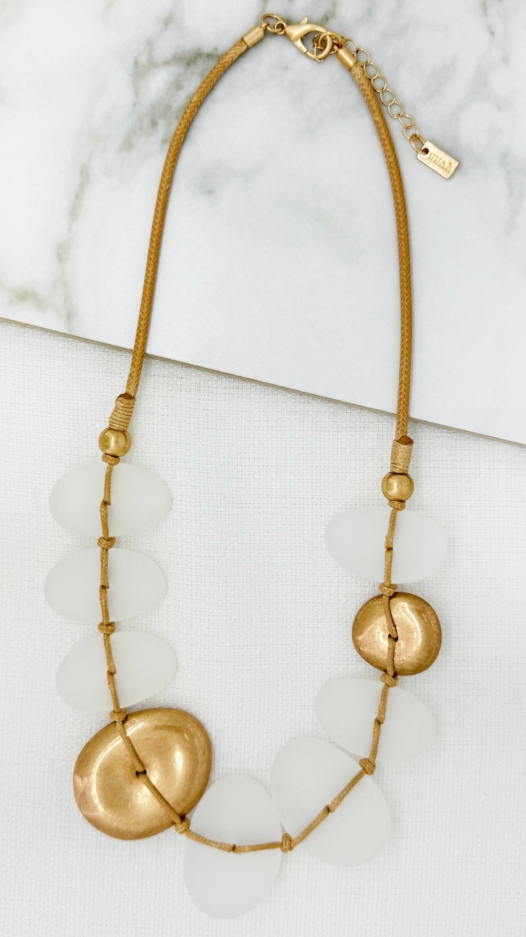 Envy 4735 Short taupe cord necklace with frosted and gold pendant design-Envy-White finn