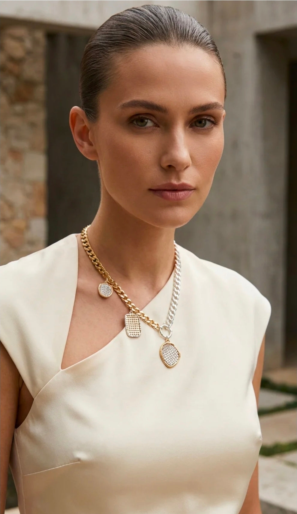 Envy 4886 Short gold and silver two tone flat chain necklace with mess design pendants-Envy-White finn