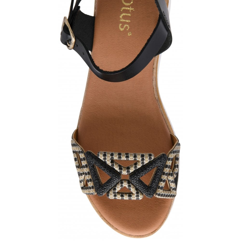 Lotus Black Leather Ariah Open-Toe Wedge Sandals | Lotus
