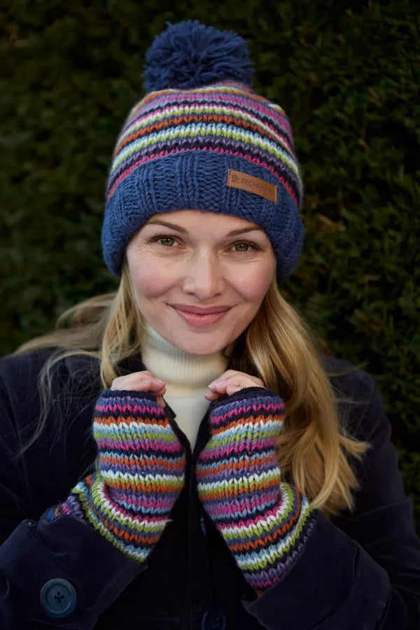 Pachamama Denver Stripe Bobble Beanie-Hat-White finn