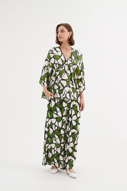 Tirelli V Neck Peplum Top Rayon Green Oasis