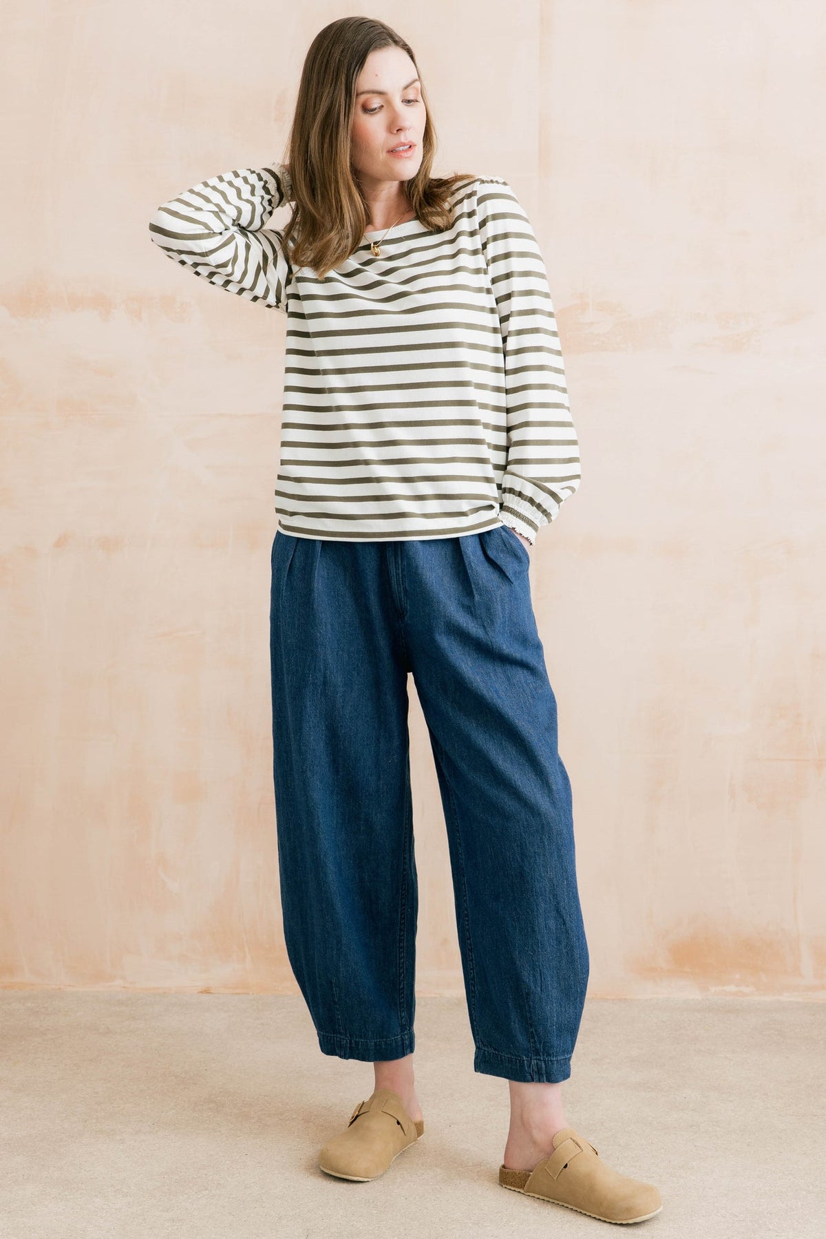 Lily and Me Caroline Striped Organic Cotton Jersey Top Olive/Ecru
