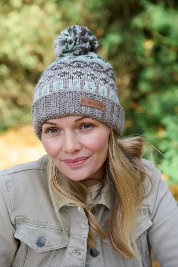 Pachamama Loch Fyne Merino Roll Back Beanie Green-Pachamama-White finn