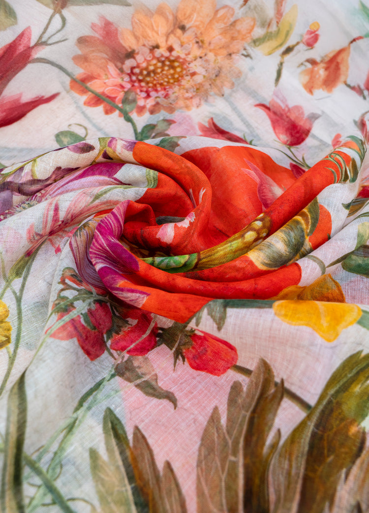 Powder Fine Flowers Scarf Linen/Cotton Mix-Powder-White finn