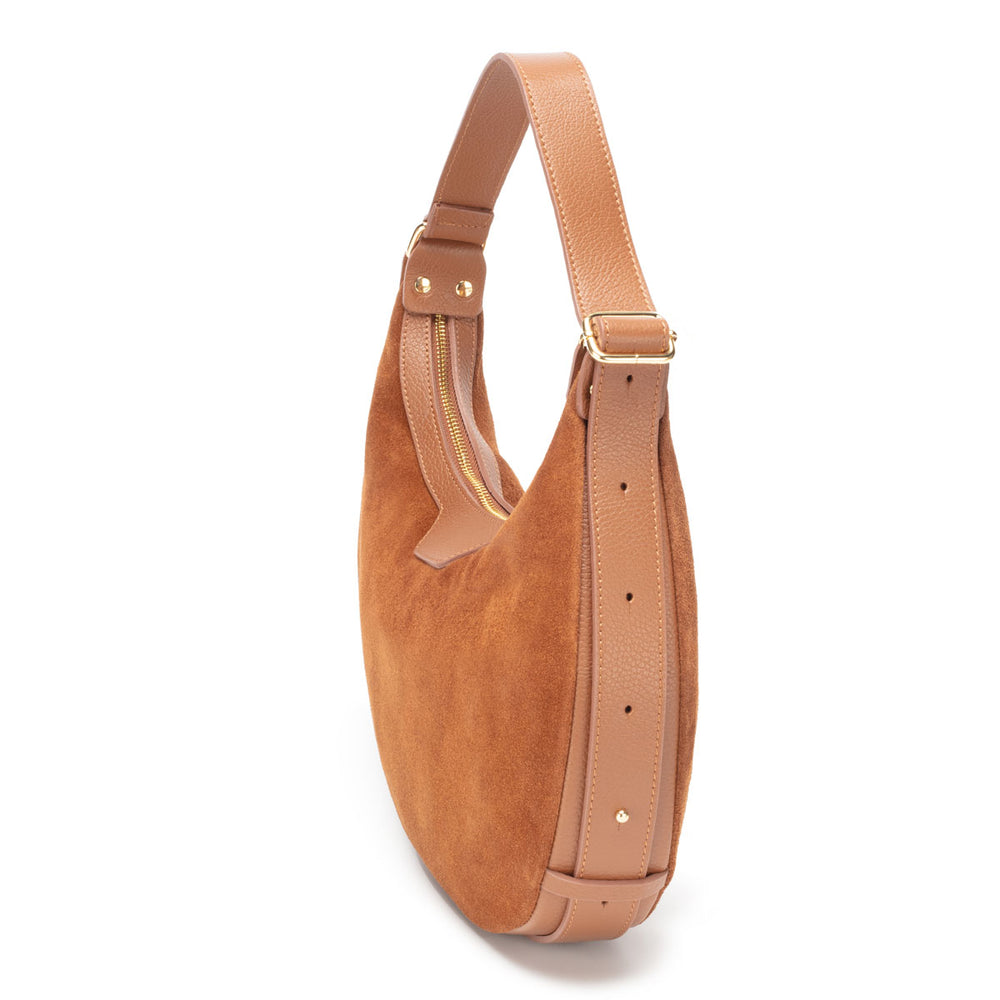 Ellie Beaumont Crescent Suede Bag - Tan-Handbag-White finn