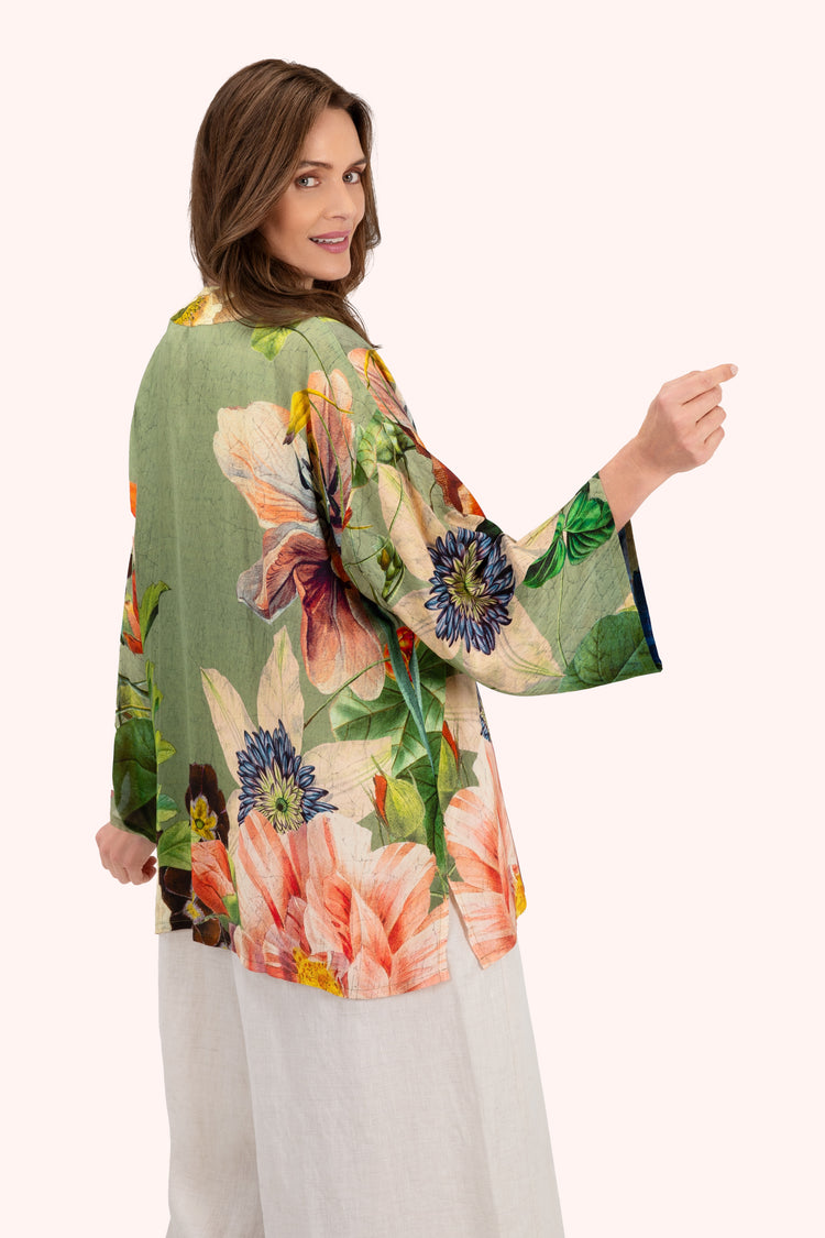 Powder Mid-Length Kimono - Botanical Bouquet, Sage-Kimono-White finn
