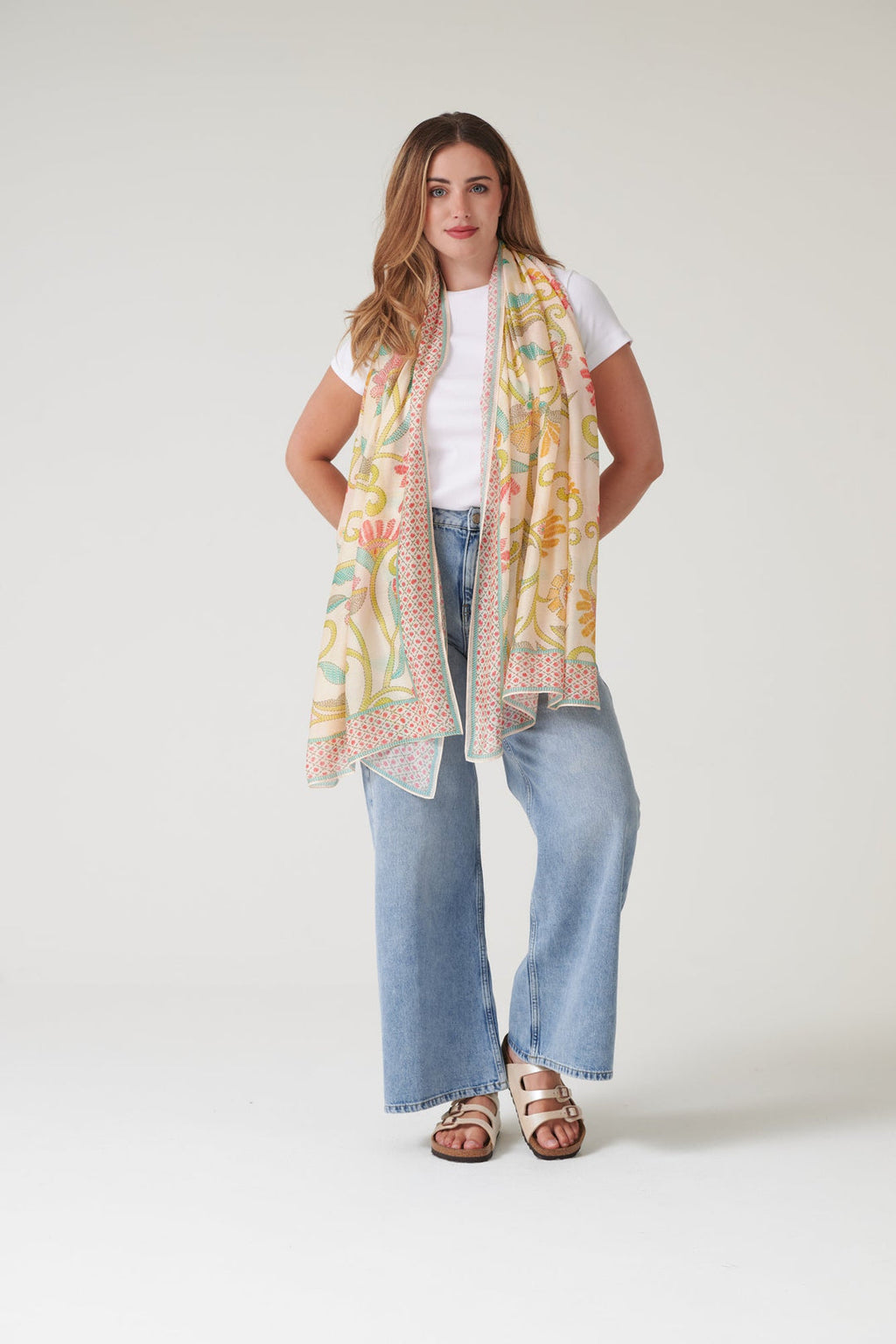 One Hundred Stars Giant Kantha Lime Scarf-One Hundred Stars-White finn