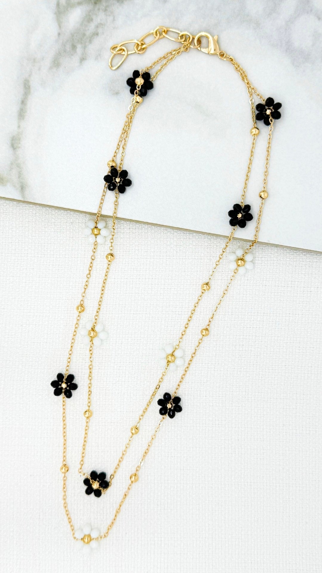 Envy 4819 Short gold double layered necklace with turquoise crystal daisy design-Envy-White finn