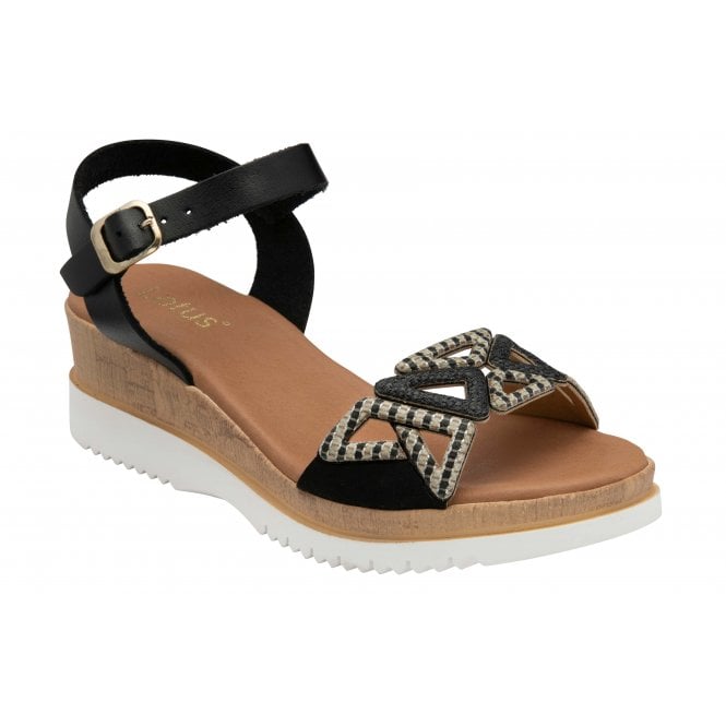 Lotus Black Leather Ariah Open-Toe Wedge Sandals | Lotus