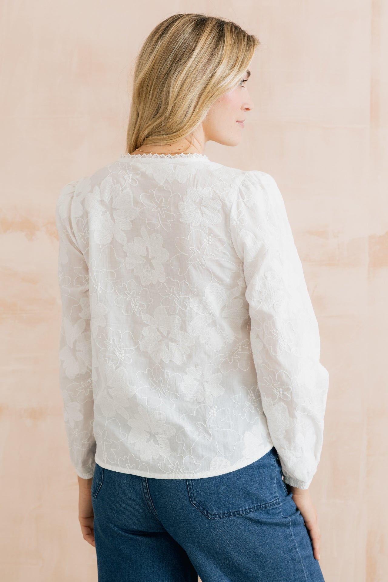 Lily and Me Emily Embroidered Cotton Keyhole Blouse White