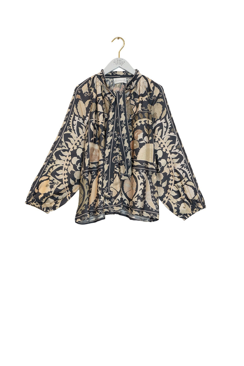 One Hundred Stars Susani Charcoal Pussy Bow Blouse-Shirts & Tops-White finn
