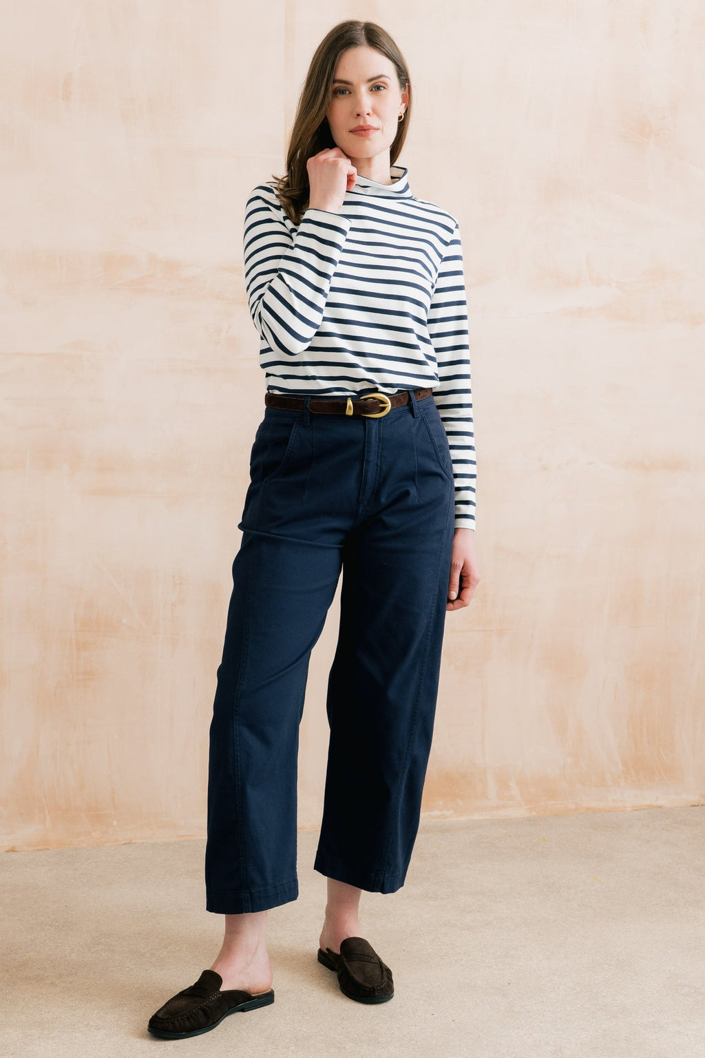Lily and Me Charlie Barrel Leg Stretch Twill Trousers Navy