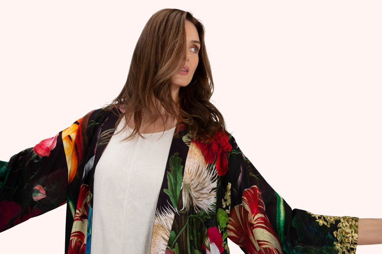 Powder Mid-Length Kimono - Opulant florals, Chocolate