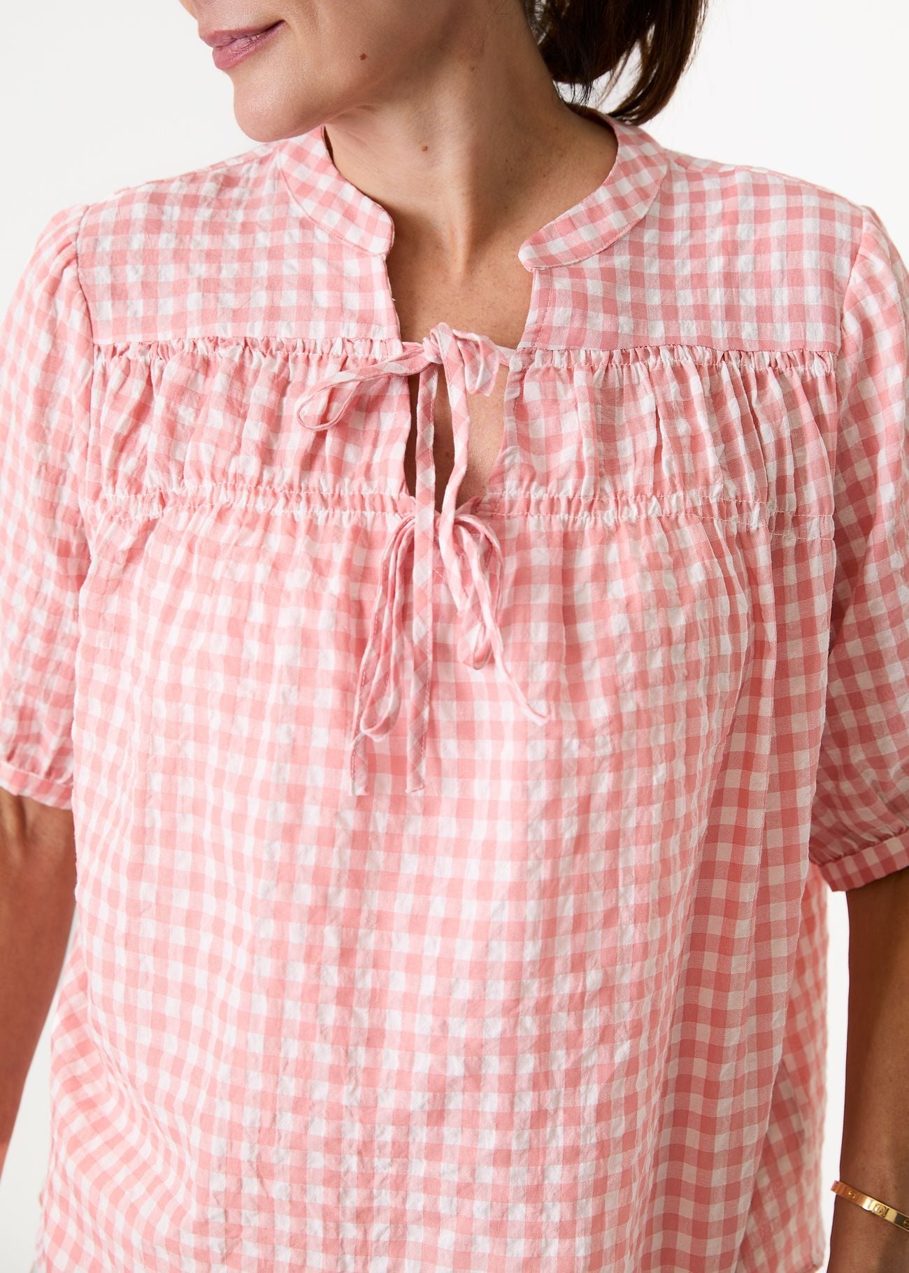 Dreams Gingham Nehru Tie Neck Shirred Blouse