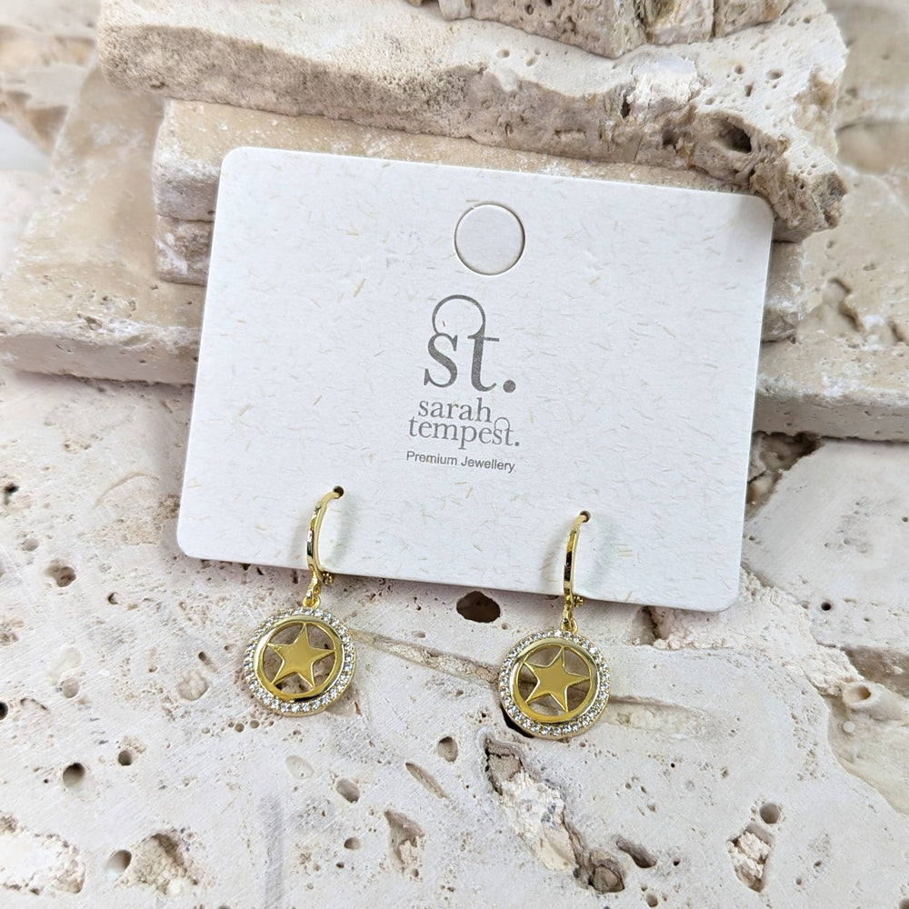Tempest Star dangle earrings surrounded by CZ circle on hoop XSST106E GLD