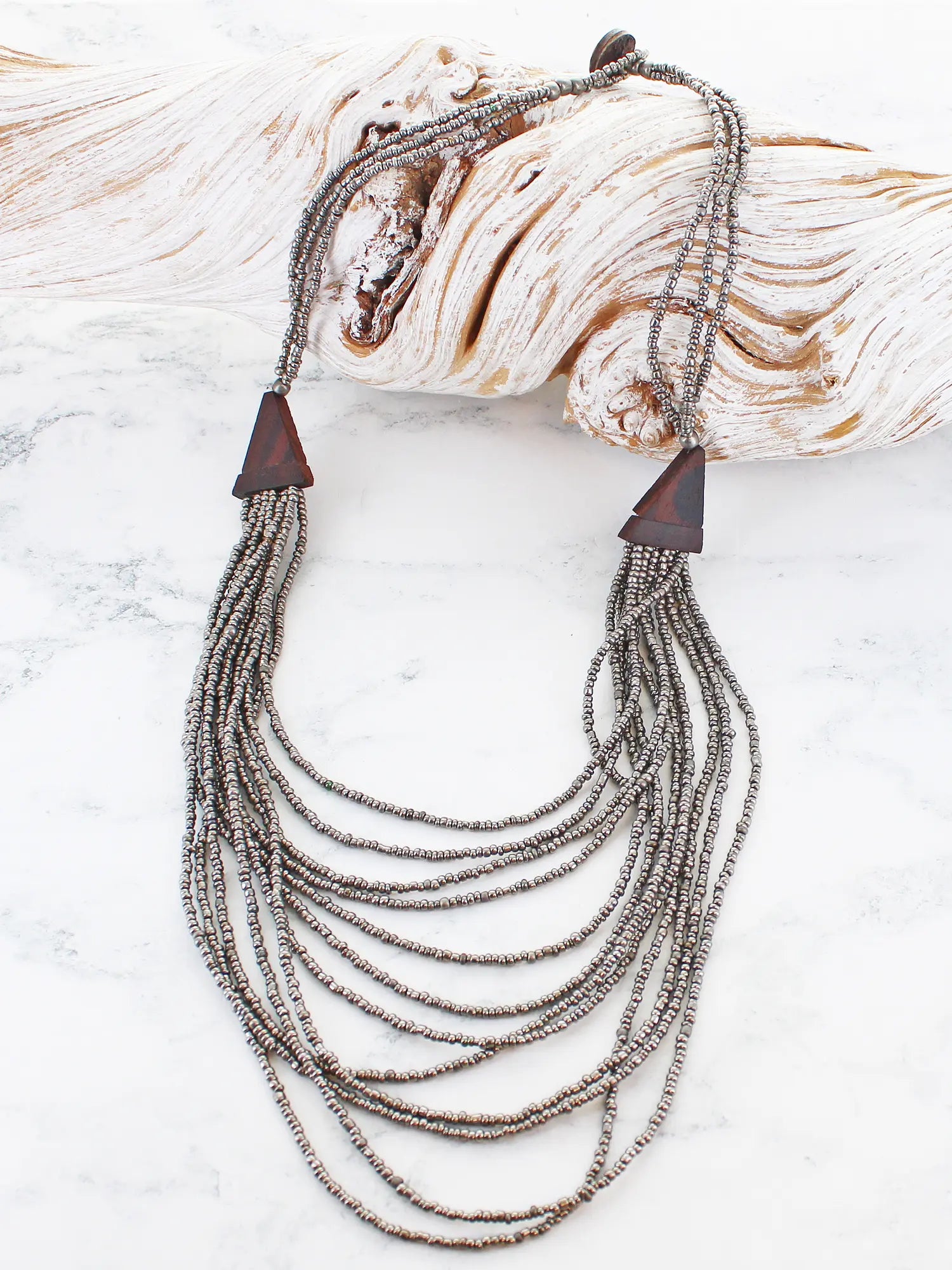 Suzie Blue Layered Wood And Bead Necklace PP1510-Necklace-White finn