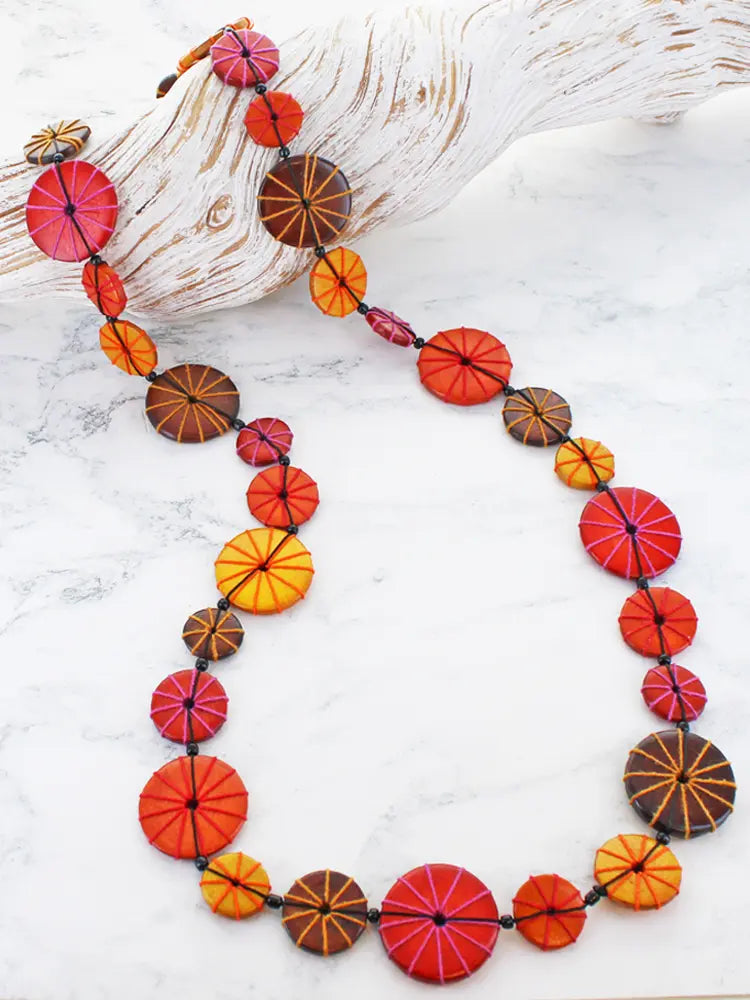 Suzie Blue Long Wooden Disc and Tread Necklace UL6501
