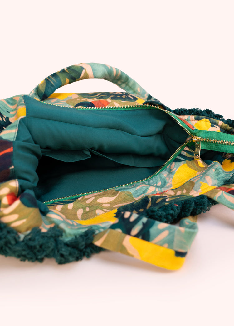 Powder Fringed Box Tote - Exotic Leaves-Powder-White finn
