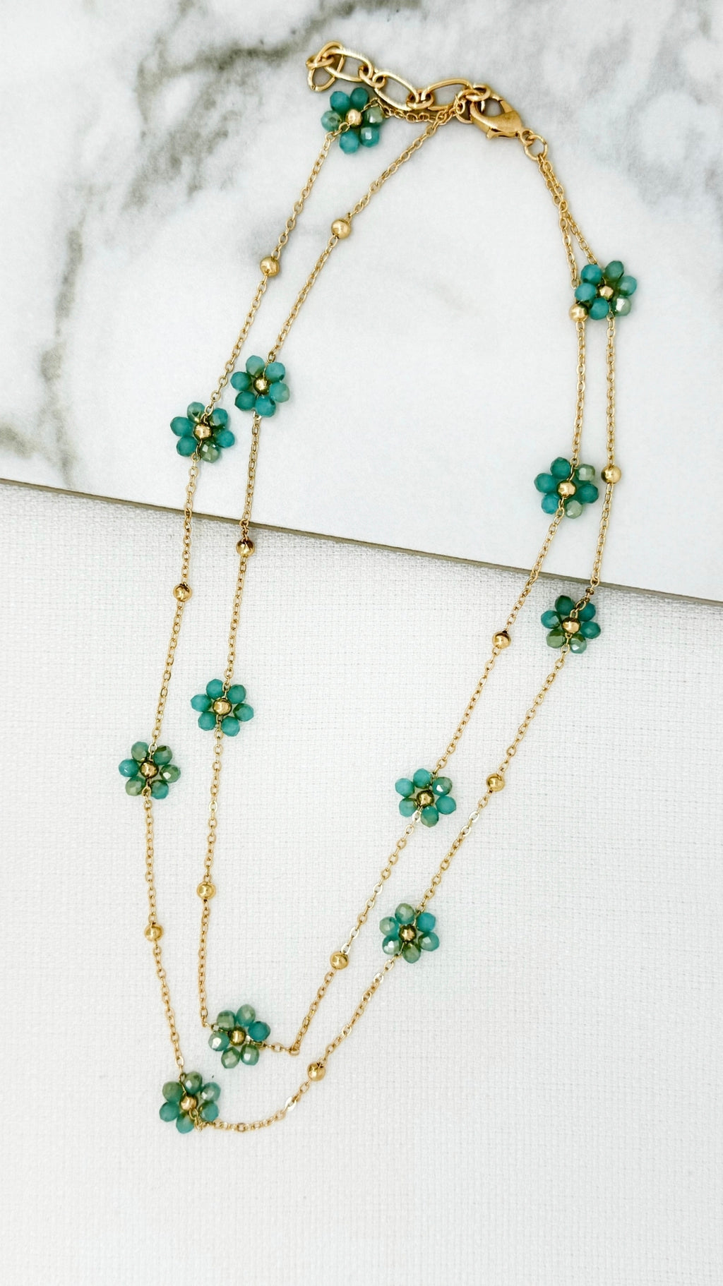 Envy 4819 Short gold double layered necklace with turquoise crystal daisy design-Envy-White finn