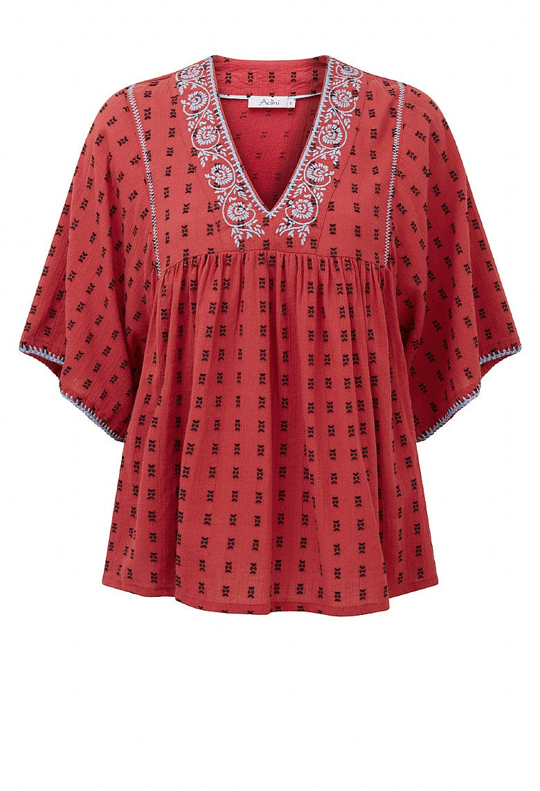 Adini Cotton Jacquard Dobby Top - Spiced Red-Adini-White finn