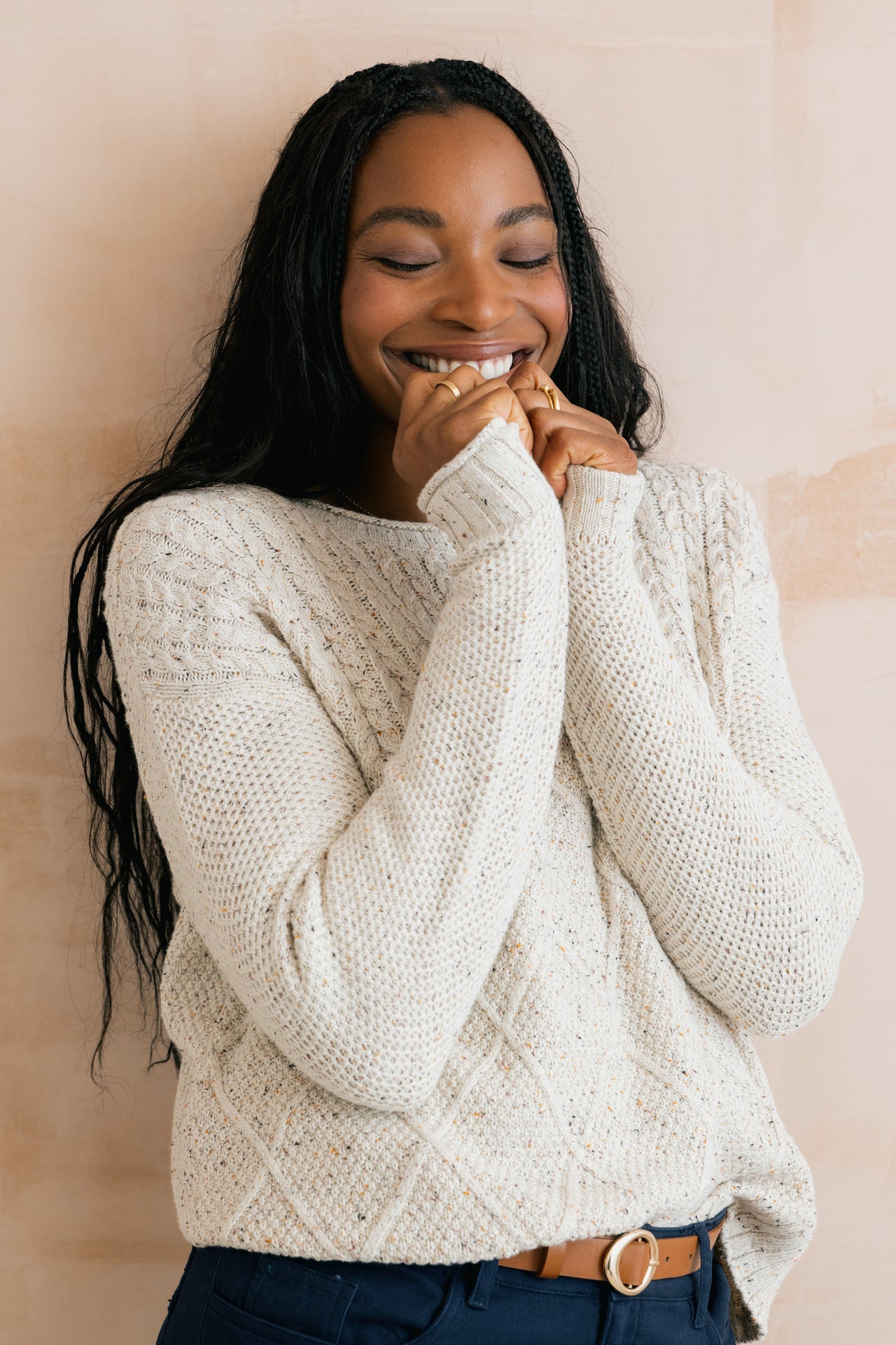 Lily and Me Bryony Flecked Knit Cable Knit Jumper Ecru-Lily and Me-White finn