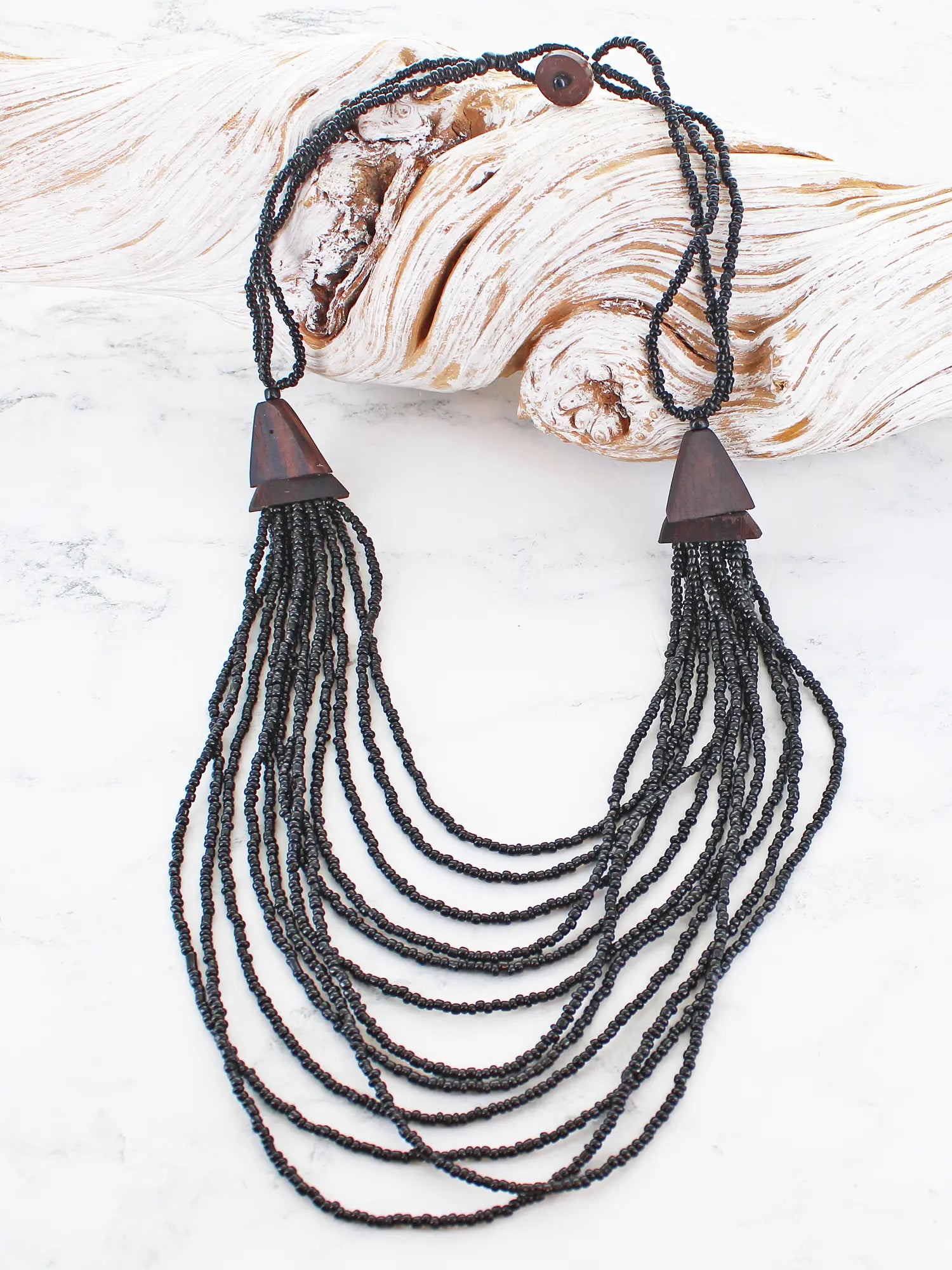 Suzie Blue Layered Wood And Bead Necklace PP1510-Necklace-White finn