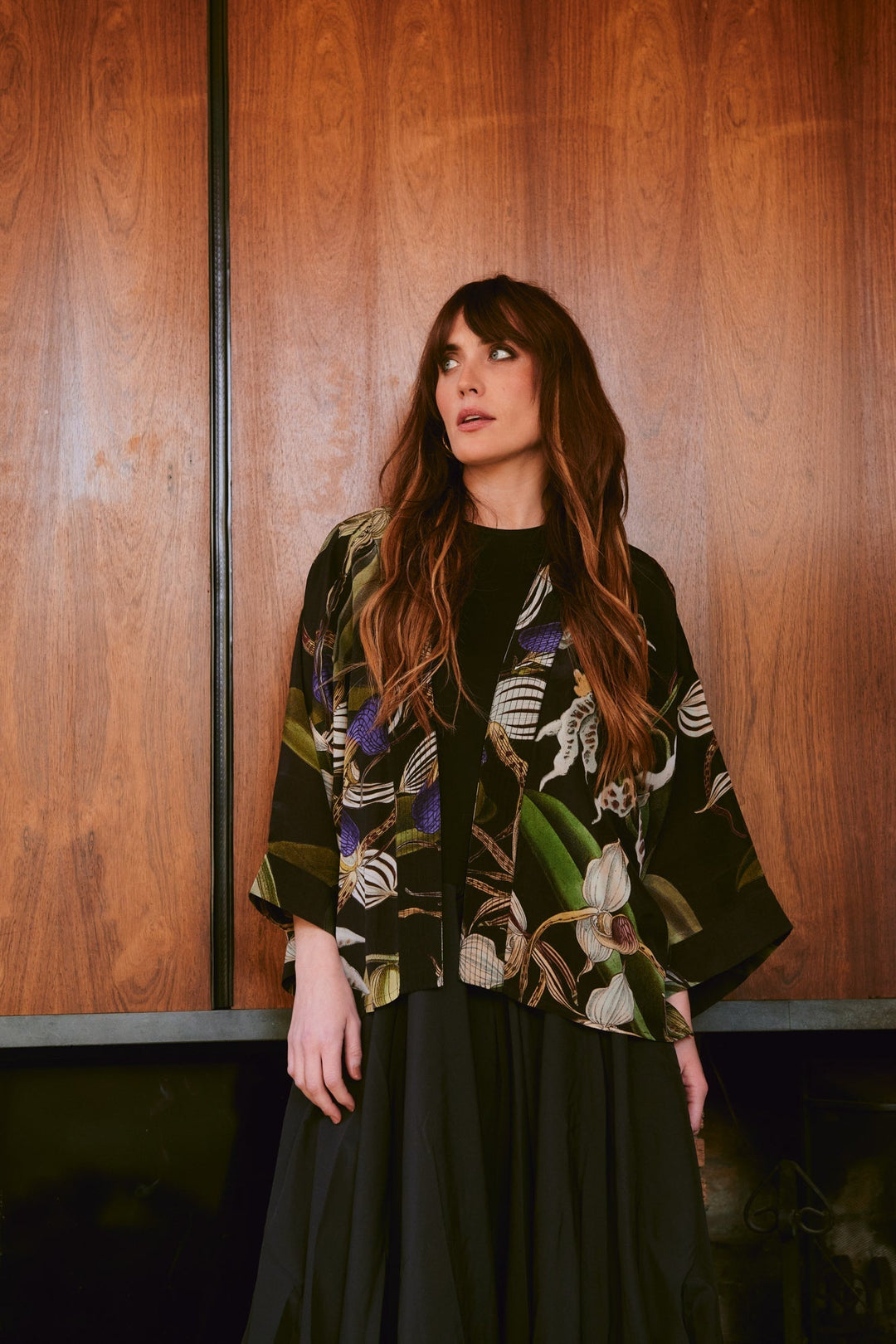 One Hundred Stars Orchid Black Crepe Kimono-Kimono-White finn