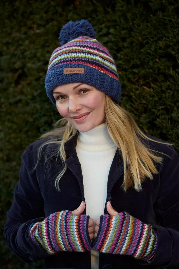 Pachamama Denver Stripe Bobble Beanie-Hat-White finn