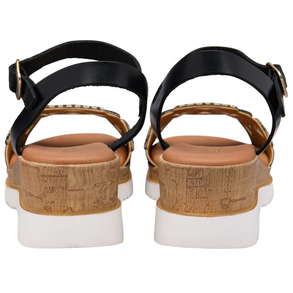 Lotus Black Leather Ariah Open-Toe Wedge Sandals | Lotus