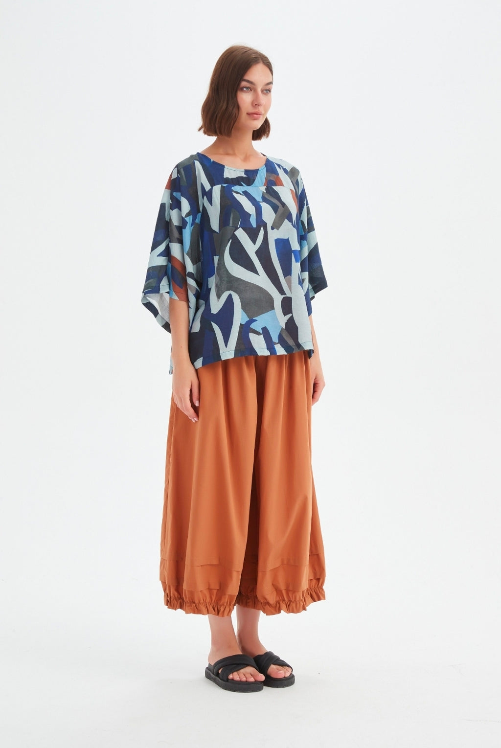 Tirelli Wide Sleeve Print Top Blue Abstract