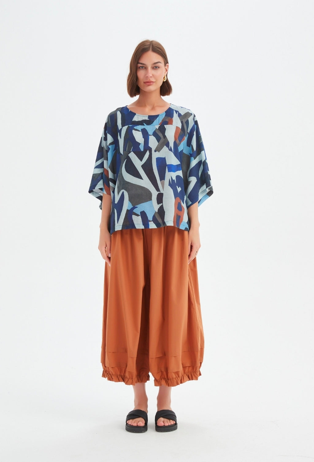 Tirelli Wide Sleeve Print Top Blue Abstract