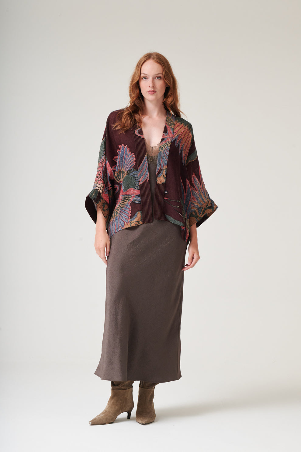 One Hundred Stars Crane Plum Wool Kimono
