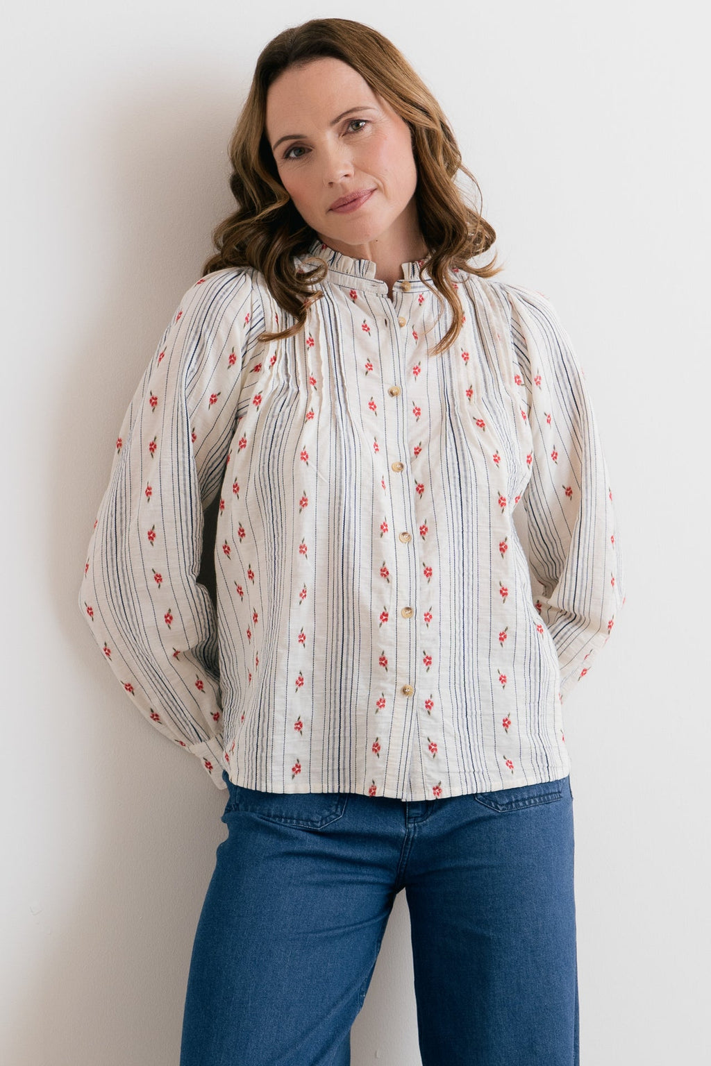 Lily and Me Flora Embroidered Stripe Blouse Ecru-Lily and Me-White finn