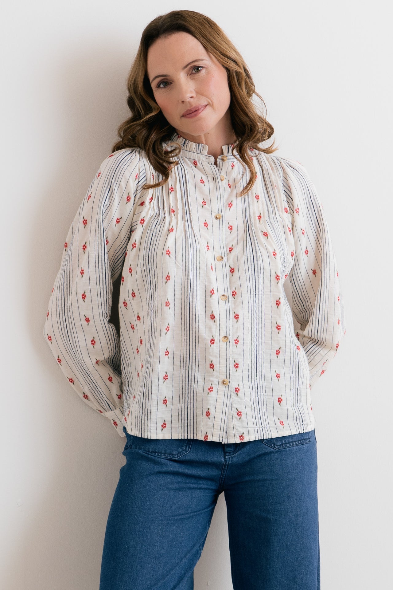 Lily and Me Flora Embroidered Stripe Blouse Ecru-Lily and Me-White finn
