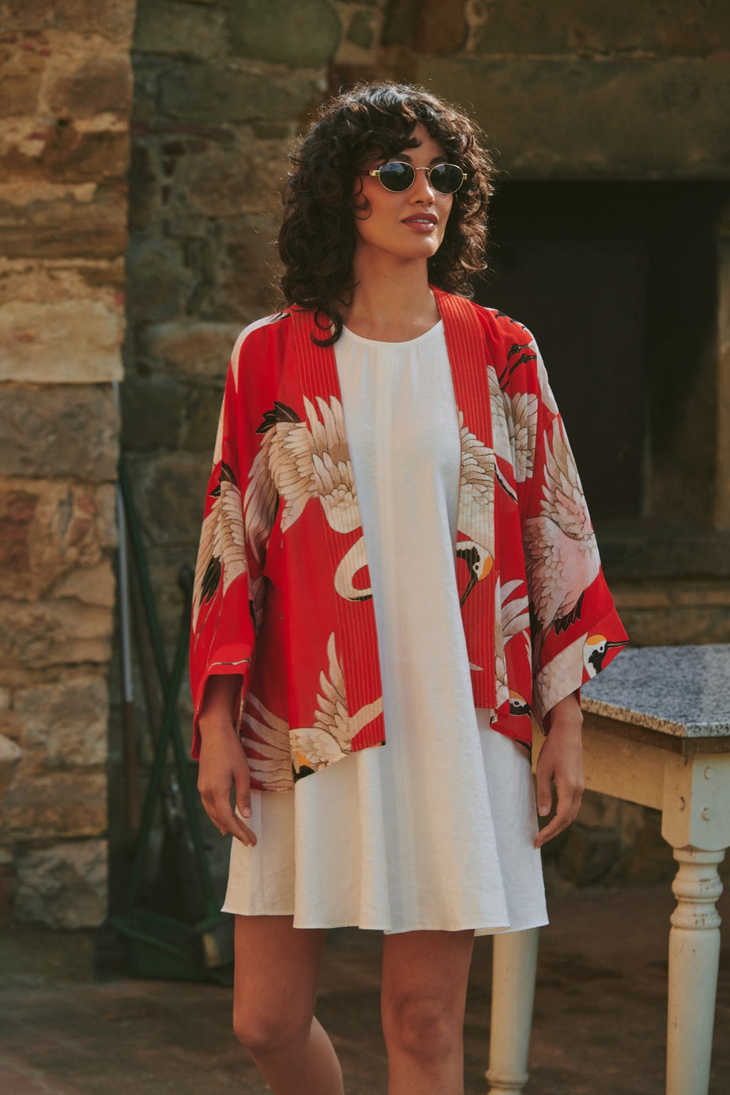 One Hundred Stars Stork Scarlet Kimono-One Hundred Stars-White finn