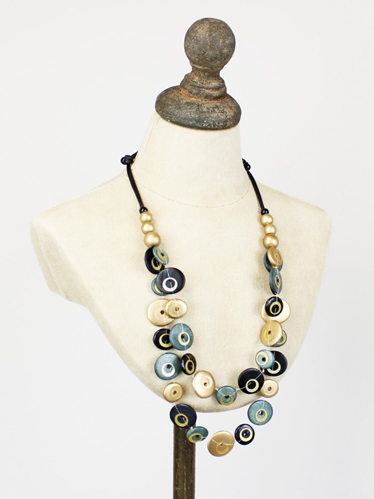 UJ6604 DOUBLE-STRAND WOODEN BUTTON NECKLACE