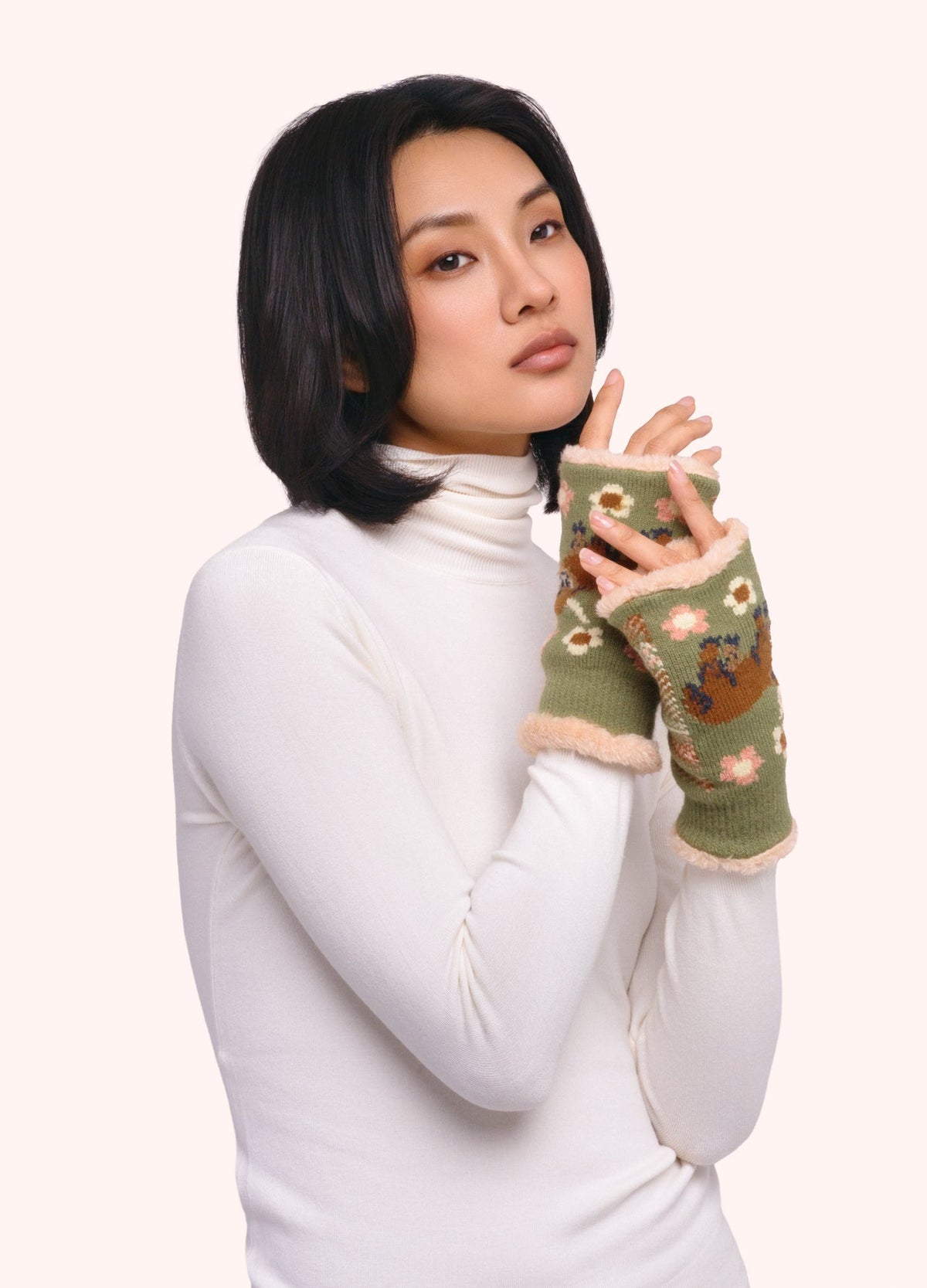 Powder Highland Cow Wrist Warmers, Moss
