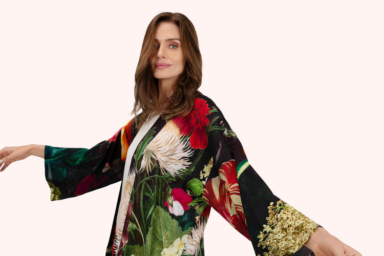 Powder Mid-Length Kimono - Opulant florals, Chocolate