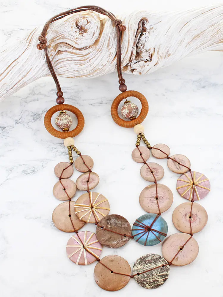 Suzie Blue Double Strand Wood And Shell Necklace UJ6519