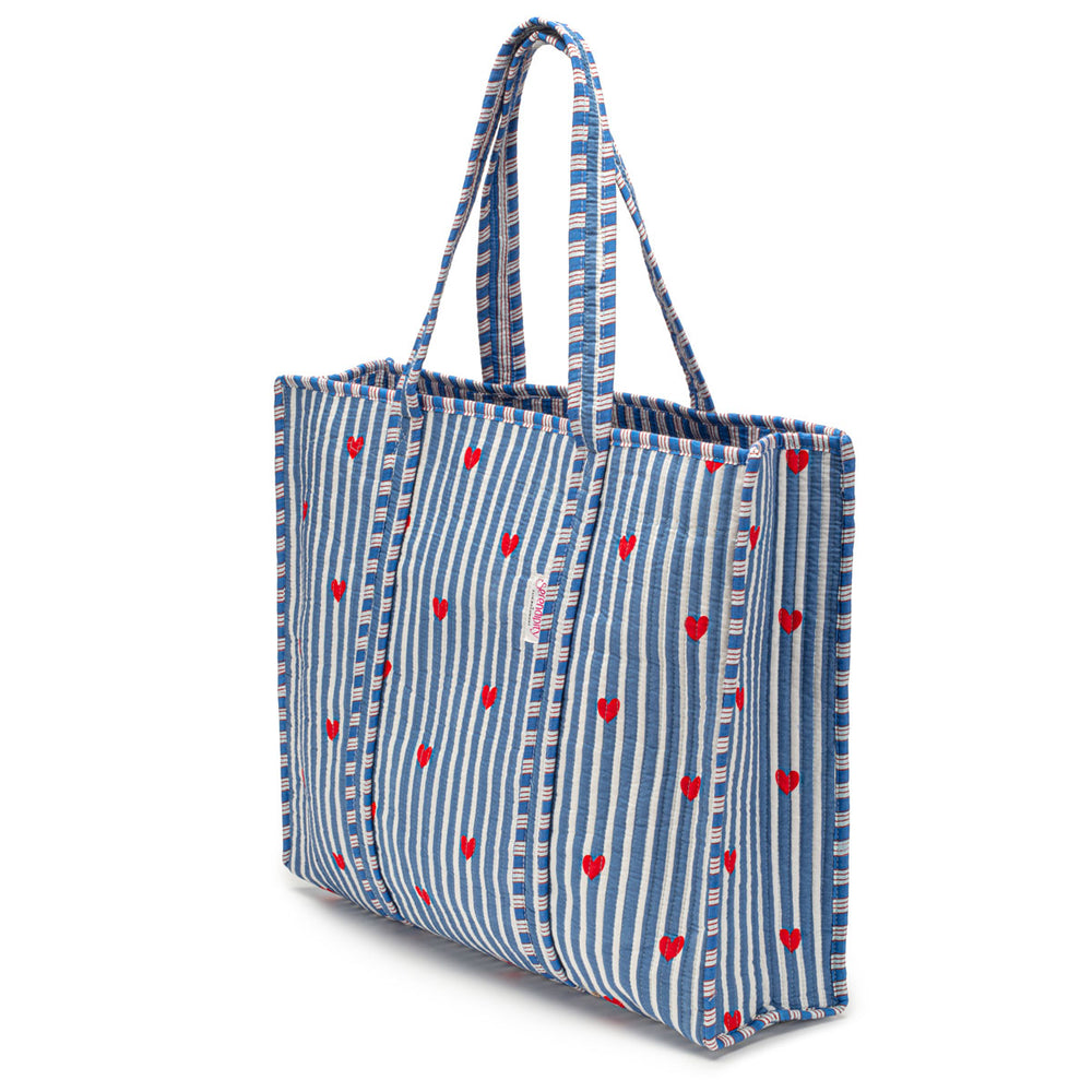 Ellie Beaumont Serendipity Cotton Quilted Tote - Blue Stripe Red Heart