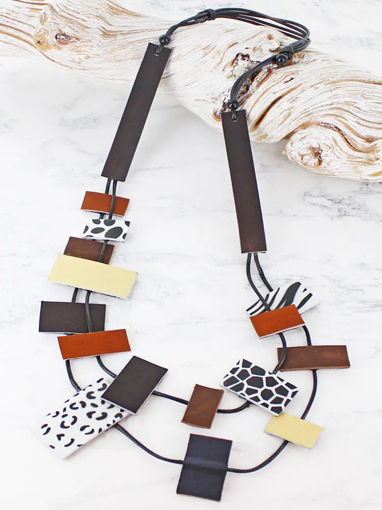 Suzie Blue UJ6434 Long Retangular Leather Necklace