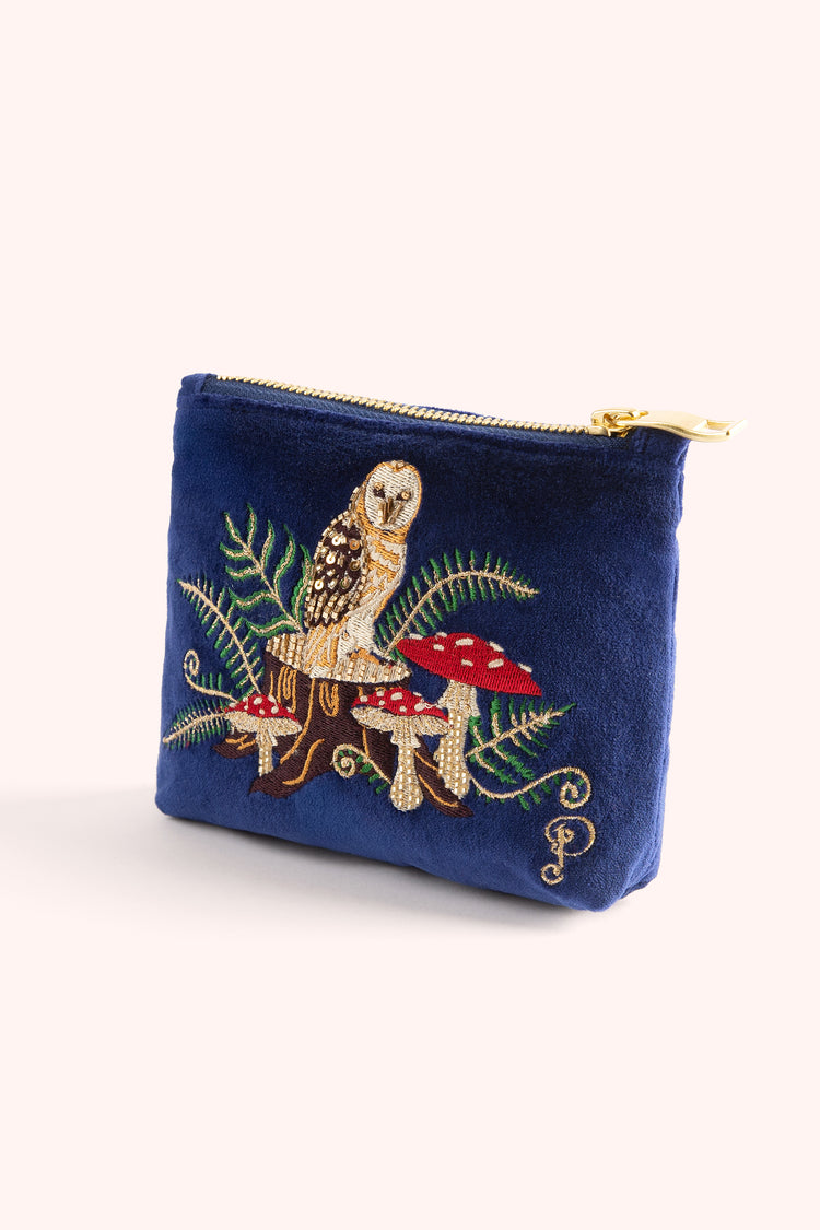 Powder Embroidered Velvet Mini Pouch - Woodland Owl-Powder-White finn