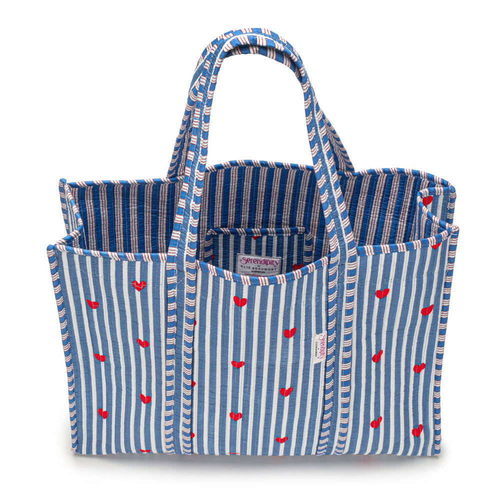 Ellie Beaumont Serendipity Cotton Quilted Tote - Blue Stripe Red Heart