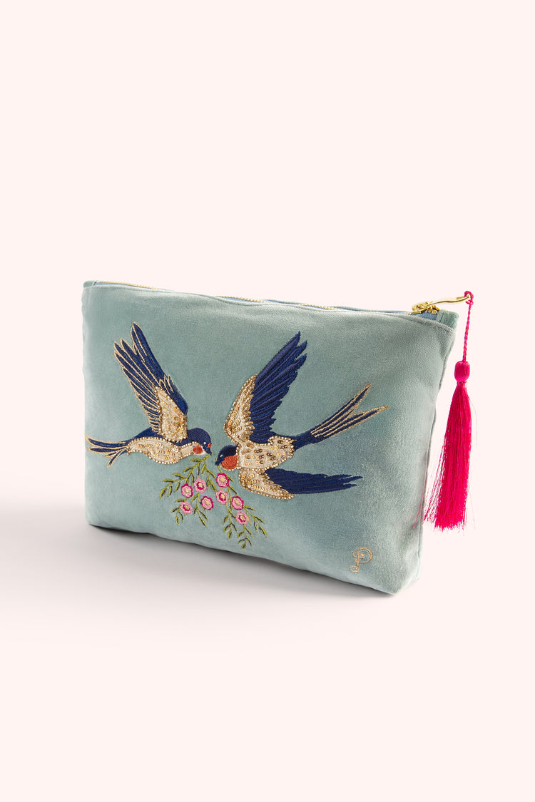 Powder Velvet Zip Pouch - Swooping Swallows⁴-Powder-White finn
