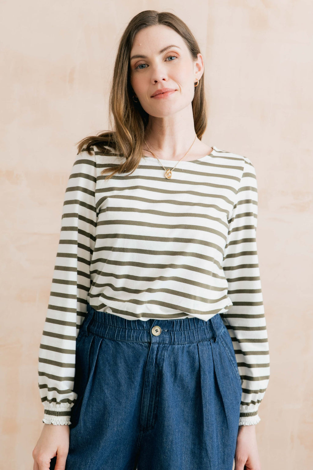 Lily and Me Caroline Striped Organic Cotton Jersey Top Olive/Ecru