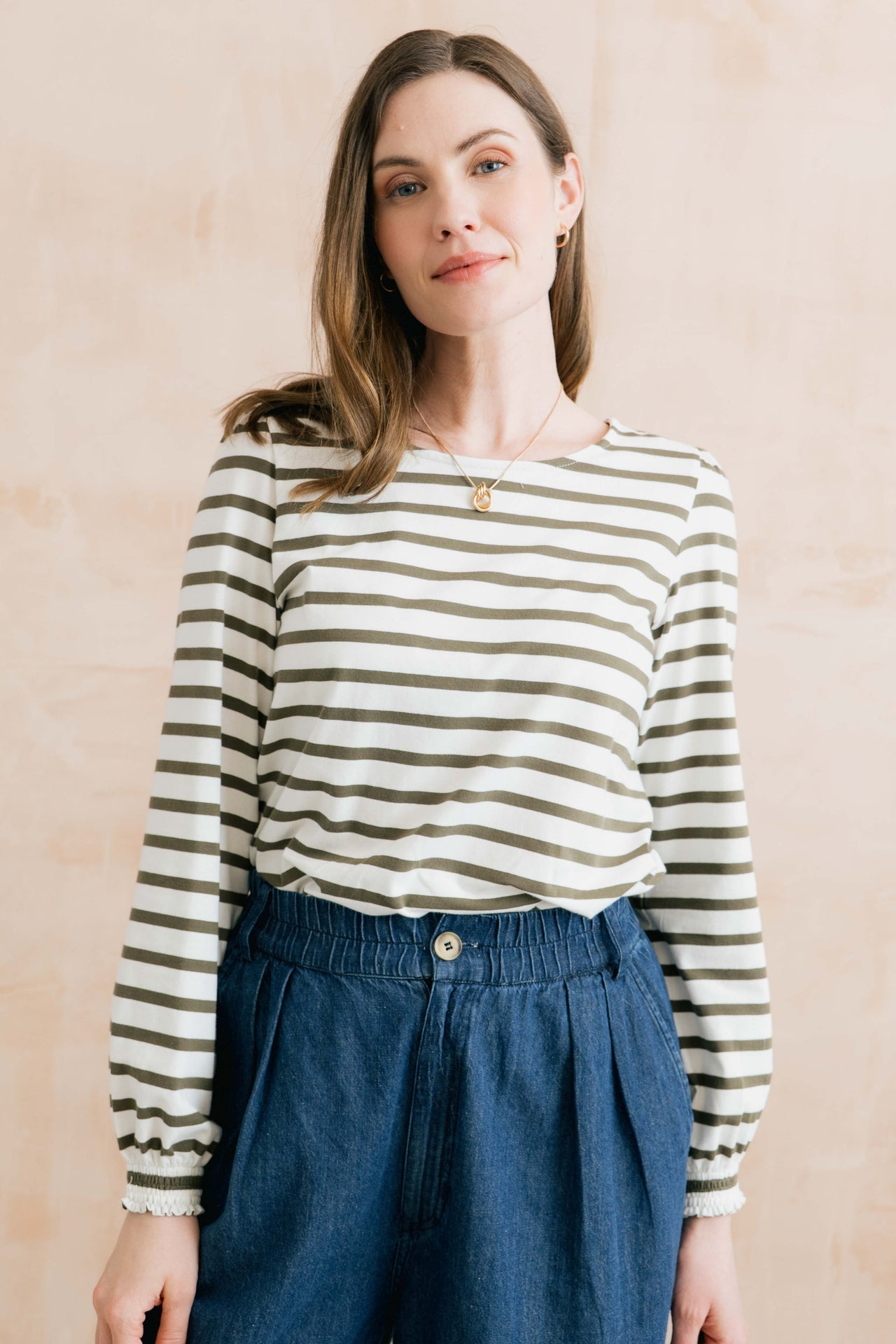Lily and Me Caroline Striped Organic Cotton Jersey Top Olive/Ecru